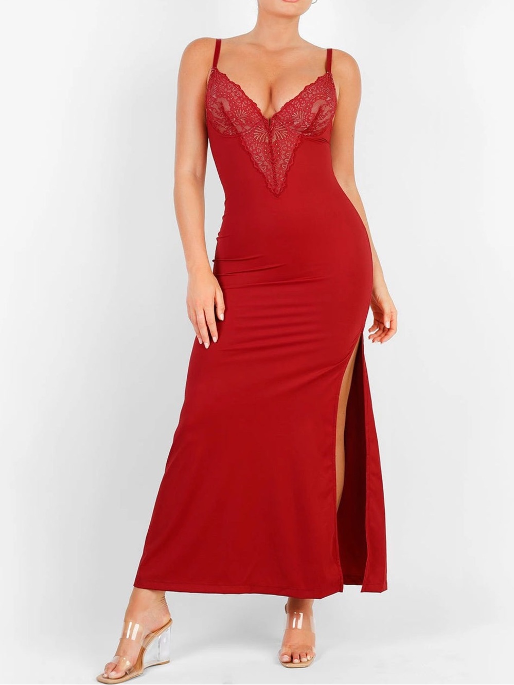 Popilush Shapewear Lace V Neck Side Slit Slimming Maxi Slip Dress